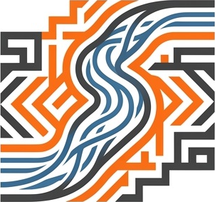 The Hapo emblem: a river of blue strands crossing stepped Litema and Ndebele lines